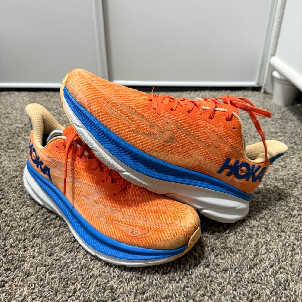 Hoka Clifton 9 Dynamic Orange and Blue Sneakers - Picture 2 of 8